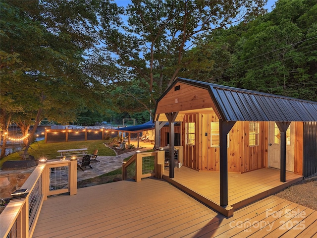 14715 Cruso Rd, Canton, NC 28716 - wooden deck with a fire pit and an outdoor structure