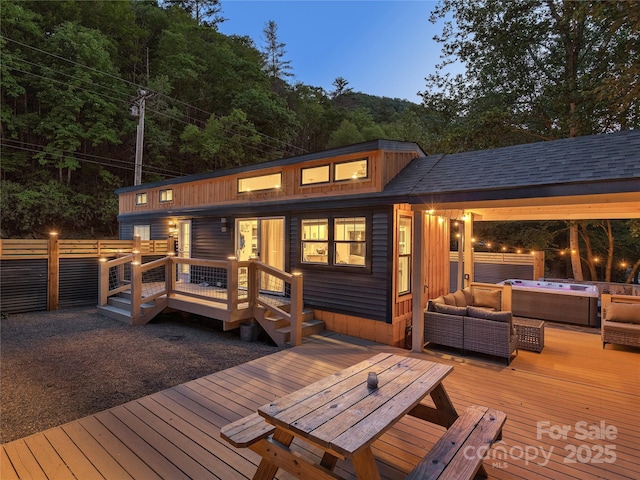 14715 Cruso Rd, Canton, NC 28716 - wooden terrace with an outdoor hangout area and a hot tub
