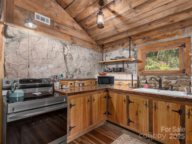 14715 Cruso Rd, Canton, NC 28716 - kitchen featuring stainless steel electric range oven, black microwave, lofted ceiling, dark wood finished floors, and wooden ceiling