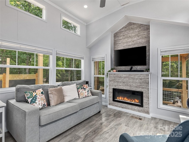 14715 Cruso Rd, Canton, NC 28716 - living room with a fireplace, wood finished floors, ceiling fan, and high vaulted ceiling