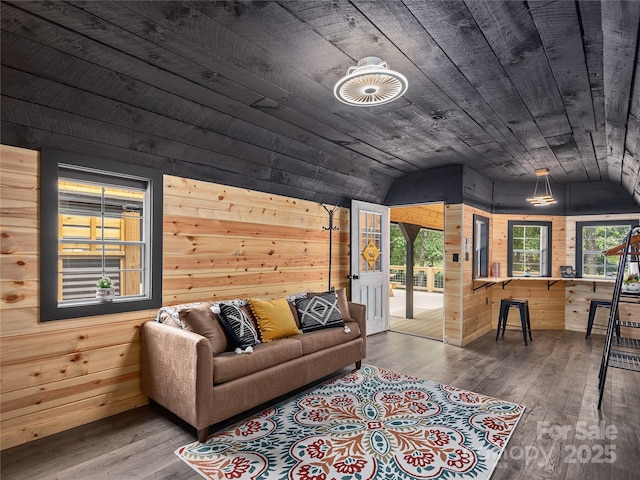 14715 Cruso Rd, Canton, NC 28716 - living room with vaulted ceiling, wooden walls, wood-type flooring, and wood ceiling