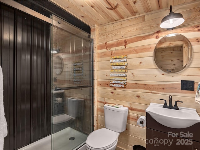 14715 Cruso Rd, Canton, NC 28716 - bathroom with wood walls, vanity, a shower stall, and wooden ceiling