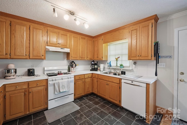 360 S Brady Ave, Newton, NC 28658 - kitchen with white appliances, under cabinet range hood, a textured ceiling, dark tile patterned floors, and light countertops