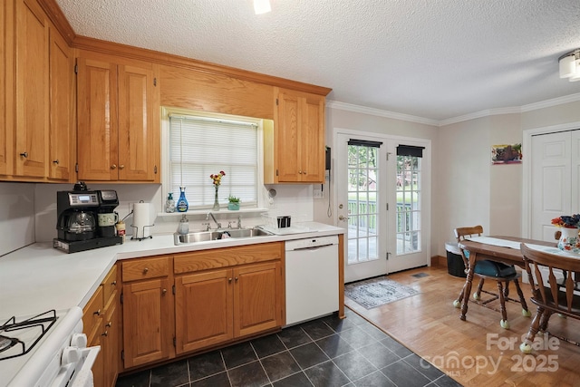 360 S Brady Ave, Newton, NC 28658 - kitchen with white appliances, crown molding, light countertops, dark tile patterned flooring, and a textured ceiling