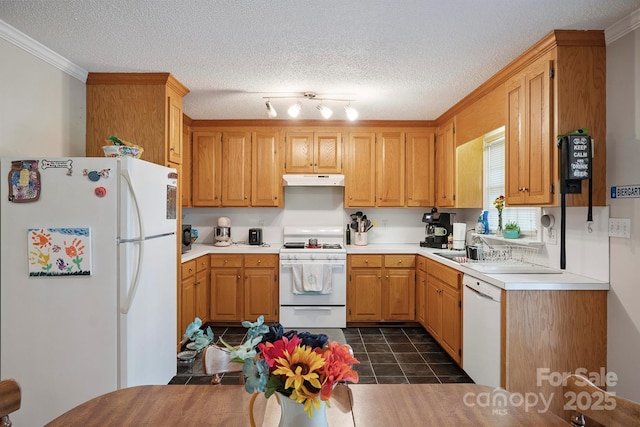 360 S Brady Ave, Newton, NC 28658 - kitchen featuring white appliances, a textured ceiling, ornamental molding, under cabinet range hood, and light countertops