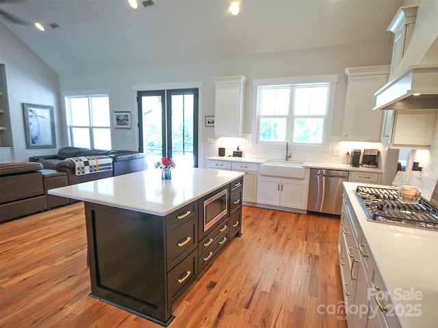 4282 Brandy Creek Ct, Clover, SC 29710 - kitchen with custom exhaust hood, stainless steel appliances, vaulted ceiling, white cabinets, and light countertops