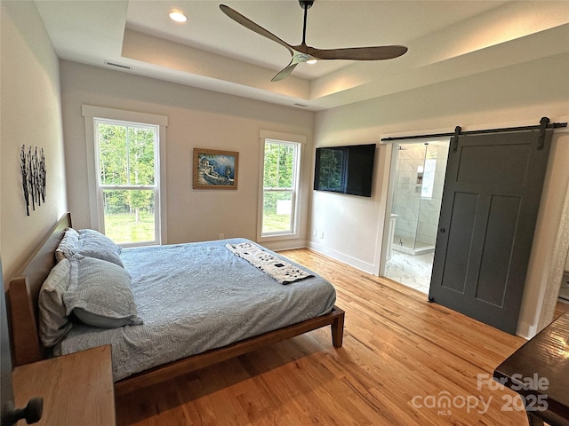 4282 Brandy Creek Ct, Clover, SC 29710 - bedroom featuring a tray ceiling, a barn door, light wood-style flooring, multiple windows, and recessed lighting