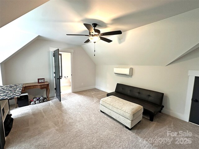 4282 Brandy Creek Ct, Clover, SC 29710 - living area with a wall mounted AC, light colored carpet, a ceiling fan, and vaulted ceiling