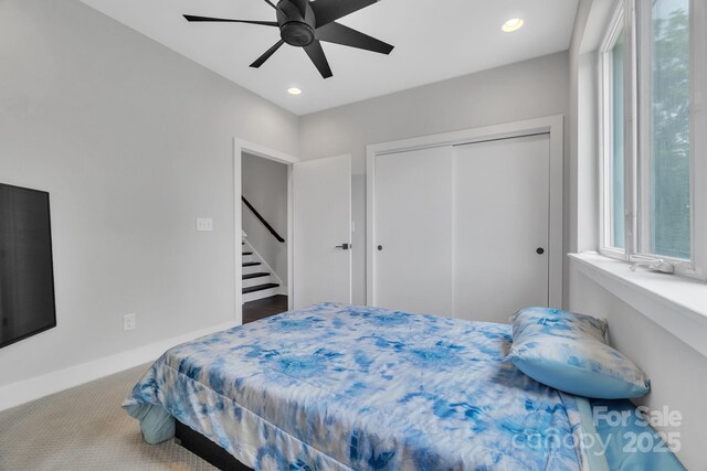 1933 W Trade St, Charlotte, NC 28216 - carpeted bedroom with a closet, recessed lighting, and ceiling fan