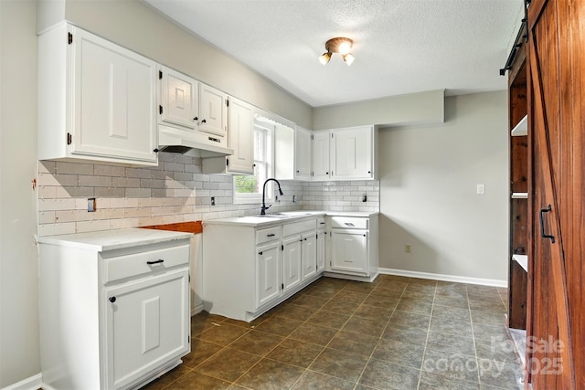 3404 Sheely Rd, Lenoir, NC 28645 - kitchen featuring under cabinet range hood, tasteful backsplash, light countertops, white cabinetry, and a textured ceiling
