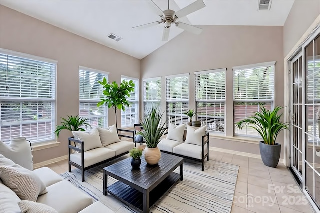1220 Elrond Dr NW, Charlotte, NC 28269 - living area featuring ceiling fan, high vaulted ceiling, and light tile patterned floors