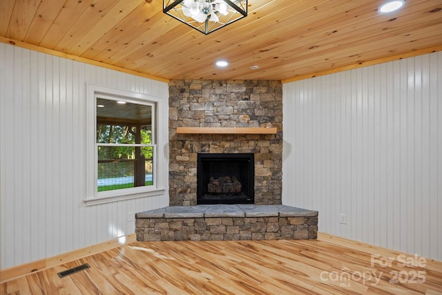 327 Flat Ridge Dr, Lake Toxaway, NC 28774 - unfurnished living room with wood finished floors, a stone fireplace, wood ceiling, and wooden walls