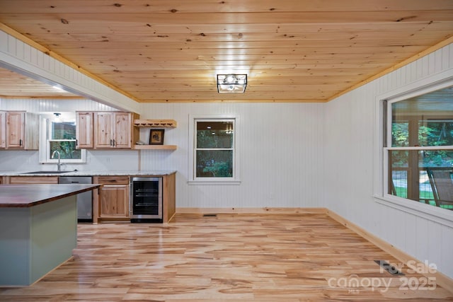 327 Flat Ridge Dr, Lake Toxaway, NC 28774 - kitchen featuring wine cooler, dishwasher, light wood finished floors, open shelves, and wood ceiling