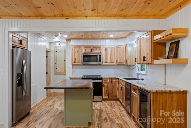 327 Flat Ridge Dr, Lake Toxaway, NC 28774 - kitchen featuring appliances with stainless steel finishes, beverage cooler, light wood-style flooring, wood ceiling, and open shelves