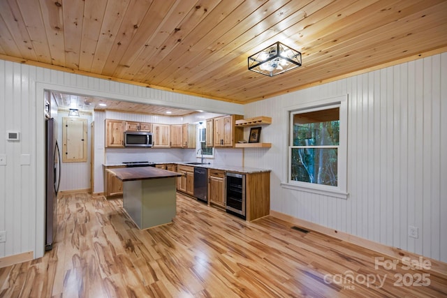 327 Flat Ridge Dr, Lake Toxaway, NC 28774 - kitchen with stainless steel appliances, beverage cooler, light wood finished floors, open shelves, and wood ceiling