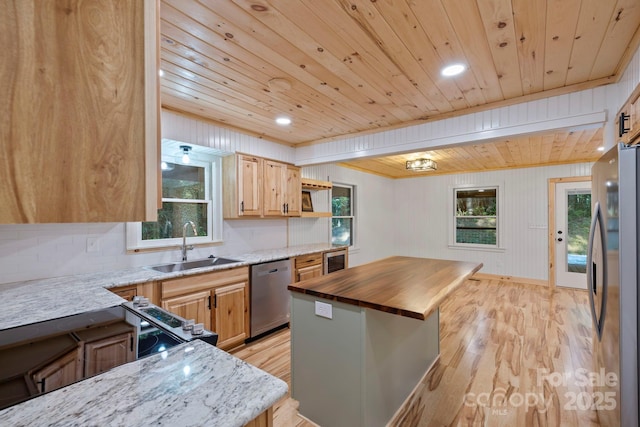 327 Flat Ridge Dr, Lake Toxaway, NC 28774 - kitchen with appliances with stainless steel finishes, wooden ceiling, light wood finished floors, wooden counters, and beverage cooler