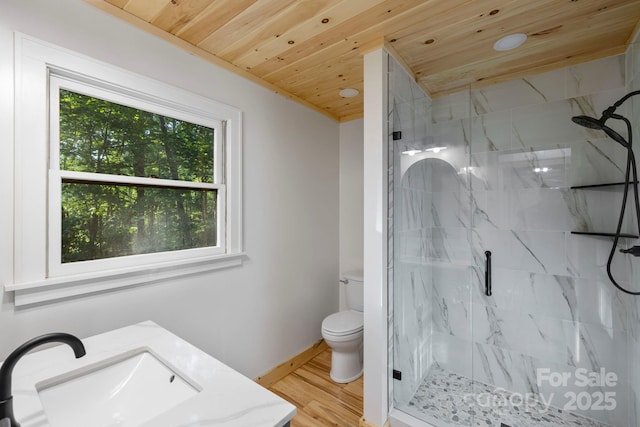 327 Flat Ridge Dr, Lake Toxaway, NC 28774 - full bathroom featuring wood ceiling, a marble finish shower, wood finished floors, vanity, and recessed lighting