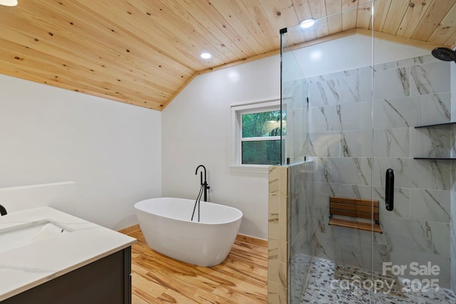 327 Flat Ridge Dr, Lake Toxaway, NC 28774 - bathroom featuring lofted ceiling, wood ceiling, a stall shower, vanity, and a freestanding bath