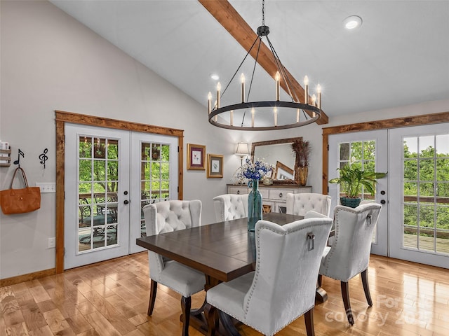 505 Scenic Cir, Waynesville, NC 28786 - dining space with french doors, light wood-type flooring, high vaulted ceiling, beamed ceiling, and recessed lighting
