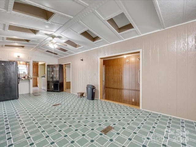 1406 Old Puckett Pl Unit 14, York, SC 29745 - unfurnished living room with washer / clothes dryer, beam ceiling, ceiling fan, coffered ceiling, and wooden walls