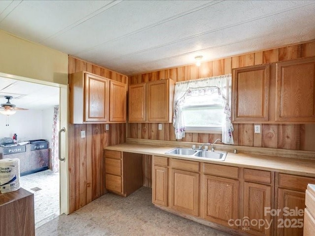 1406 Old Puckett Pl Unit 14, York, SC 29745 - kitchen with wood walls, light countertops, and a ceiling fan