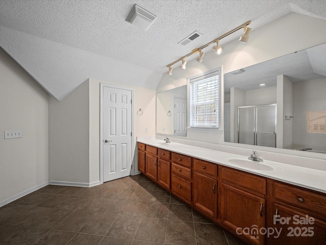 179 Delwood Ct, Mount Gilead, NC 27371 - bathroom featuring lofted ceiling, double vanity, a shower stall, a textured ceiling, and rail lighting