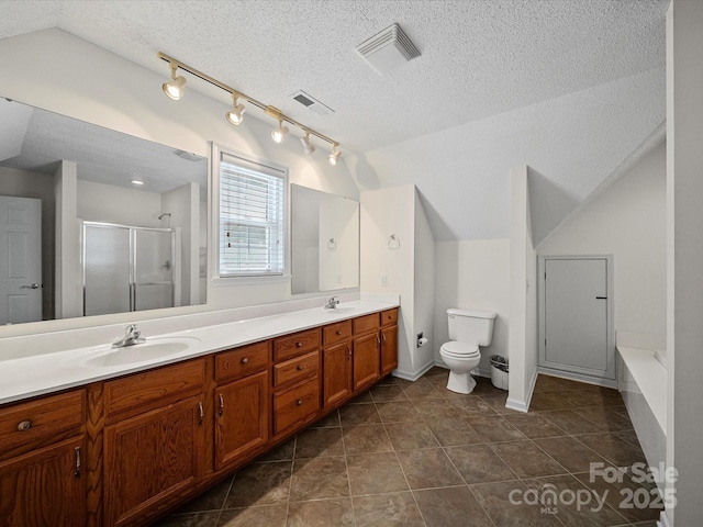 179 Delwood Ct, Mount Gilead, NC 27371 - full bath with lofted ceiling, double vanity, a stall shower, a textured ceiling, and a garden tub