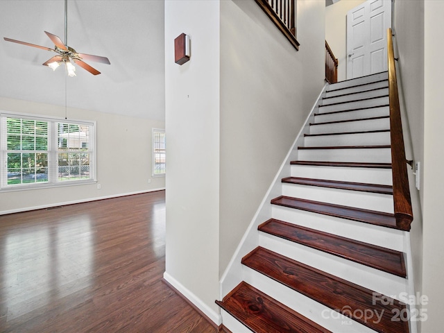 179 Delwood Ct, Mount Gilead, NC 27371 - stairs with a ceiling fan, wood finished floors, and lofted ceiling