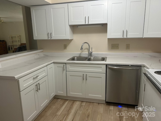 5864 Harris Grove Ln, Charlotte, NC 28212 - kitchen featuring dishwasher, light wood finished floors, range, white cabinets, and a peninsula