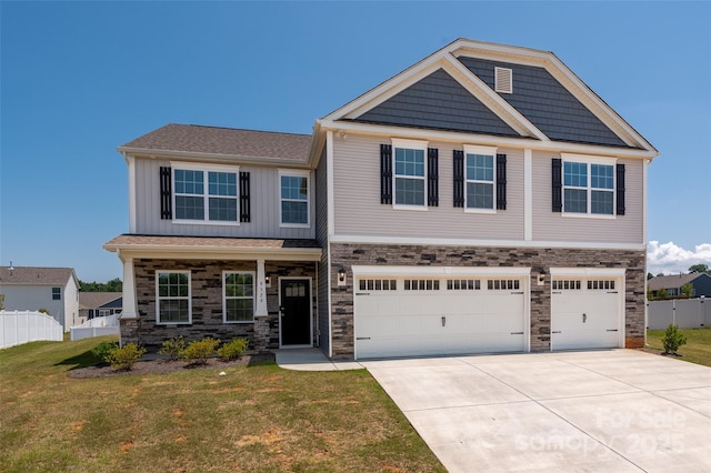 9529 Cotswood Pl, Gastonia, NC 28056 - craftsman-style house with stone siding, an attached garage, driveway, and board and batten siding