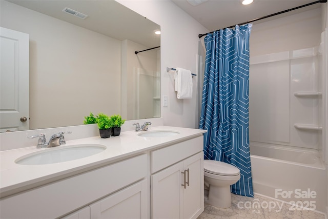 9529 Cotswood Pl, Gastonia, NC 28056 - full bathroom featuring double vanity, shower / bath combination with curtain, tile patterned floors, and recessed lighting
