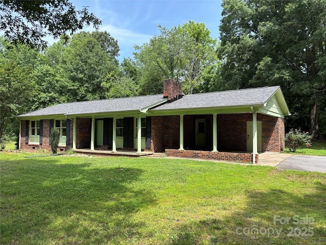 5200 E US-70 Hwy, Catawba, NC 28609 - single story home featuring covered porch, a front lawn, a chimney, and brick siding