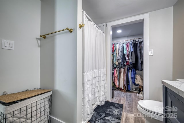 110 Camelot Dr, Granite Falls, NC 28630 - bathroom with vanity, wood finished floors, a walk in closet, and curtained shower