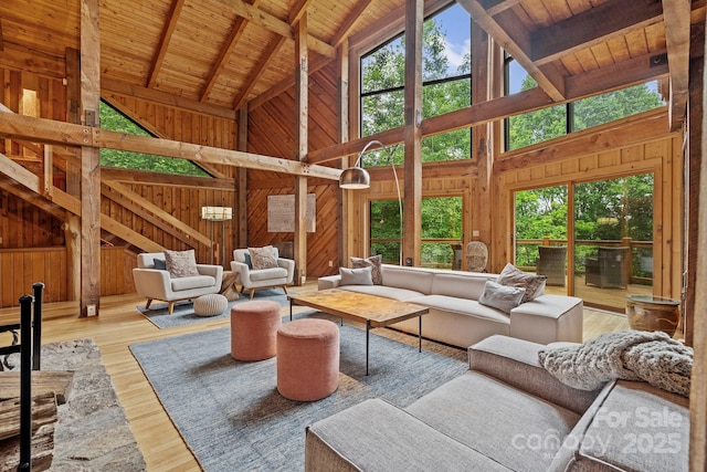 574 Locust Grove Dr, Waynesville, NC 28785 - living area with wooden walls, a wood ceiling with exposed beams, high vaulted ceiling, and wood finished floors