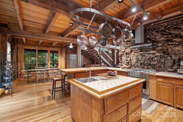 574 Locust Grove Dr, Waynesville, NC 28785 - kitchen with high end stainless steel range, a wooden ceiling with exposed beams, tile countertops, extractor fan, and light wood-style flooring