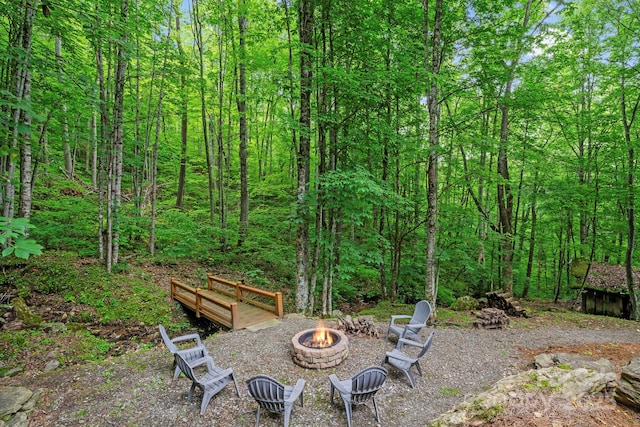 574 Locust Grove Dr, Waynesville, NC 28785 - view of yard featuring an outdoor fire pit and a forest view