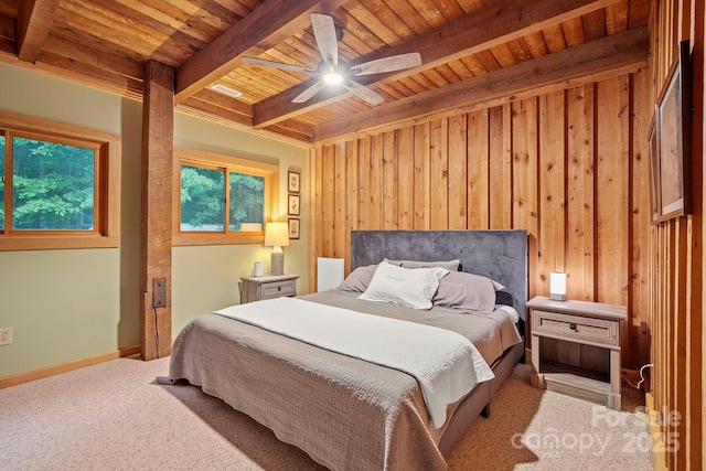 574 Locust Grove Dr, Waynesville, NC 28785 - carpeted bedroom featuring a wooden ceiling with exposed beams, wood walls, and ceiling fan