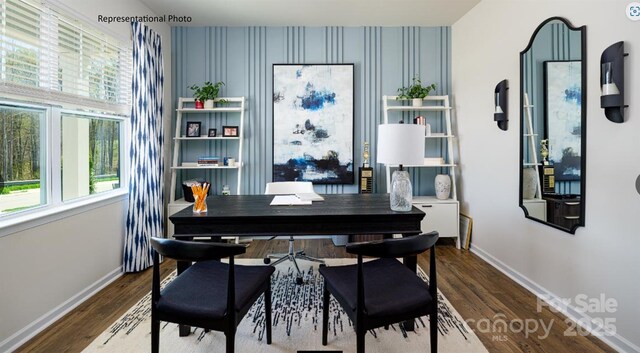 233 Paige Rd, Kings Mountain, NC 28086 - dining space featuring a desk, wallpapered walls, and dark wood-style floors