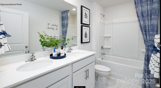 233 Paige Rd, Kings Mountain, NC 28086 - full bath featuring shower / tub combo with curtain, double vanity, and tile patterned floors