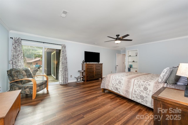 3041 Shallowood Ln, Charlotte, NC 28277 - bedroom featuring access to exterior, wood finished floors, crown molding, and ceiling fan