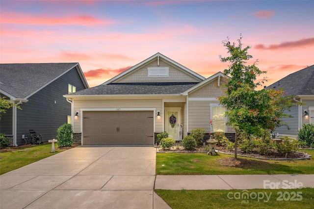 2473 Riparian Way, Denver, NC 28037 - view of front facade with an attached garage, driveway, a lawn, and stone siding