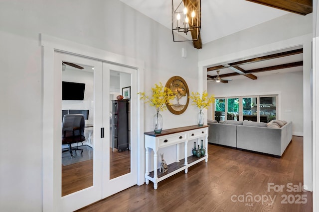 2122 Goose Creek Farm Ln, Indian Trail, NC 28079 - hall featuring a desk, beam ceiling, wood finished floors, a chandelier, and coffered ceiling