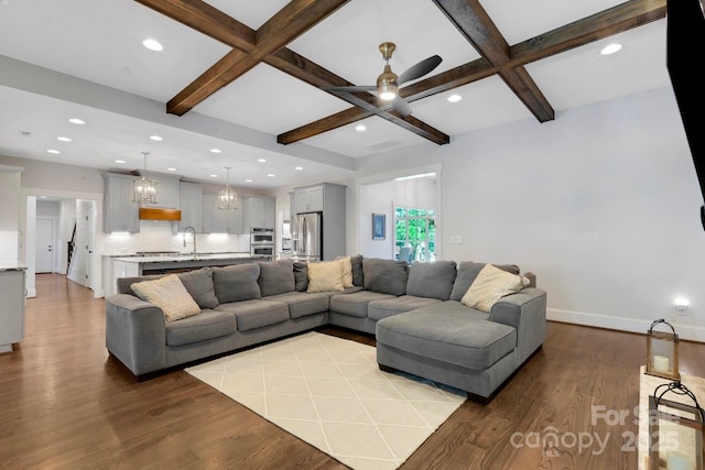 2122 Goose Creek Farm Ln, Indian Trail, NC 28079 - living area with coffered ceiling, wood finished floors, ceiling fan, beam ceiling, and recessed lighting