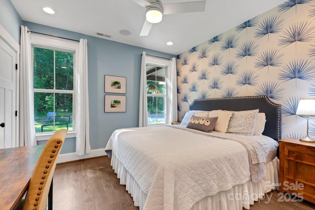 2122 Goose Creek Farm Ln, Indian Trail, NC 28079 - bedroom with multiple windows, wood finished floors, recessed lighting, and a ceiling fan