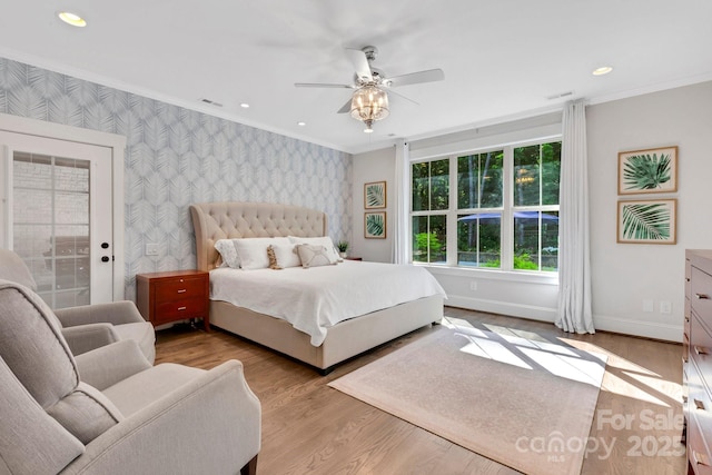 2122 Goose Creek Farm Ln, Indian Trail, NC 28079 - bedroom with wallpapered walls, ornamental molding, wood finished floors, recessed lighting, and a ceiling fan
