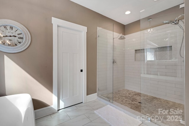 2122 Goose Creek Farm Ln, Indian Trail, NC 28079 - full bath featuring a walk in shower, marble finish floors, and recessed lighting