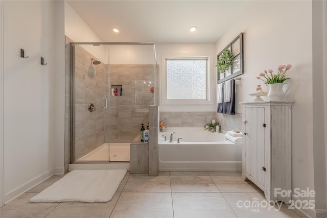 1178 Arges River Dr, Fort Mill, SC 29715 - full bathroom with a garden tub, tile patterned floors, a shower stall, and recessed lighting