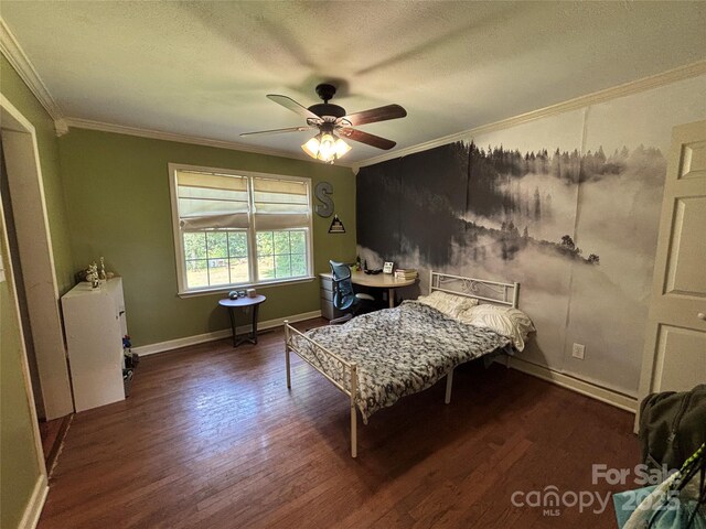 8122 Hutchison Ln, Vale, NC 28168 - bedroom with wood finished floors, crown molding, a textured ceiling, and a ceiling fan