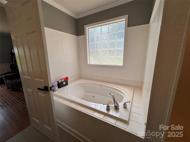 8122 Hutchison Ln, Vale, NC 28168 - bathroom featuring a wainscoted wall, a whirlpool tub, and ornamental molding