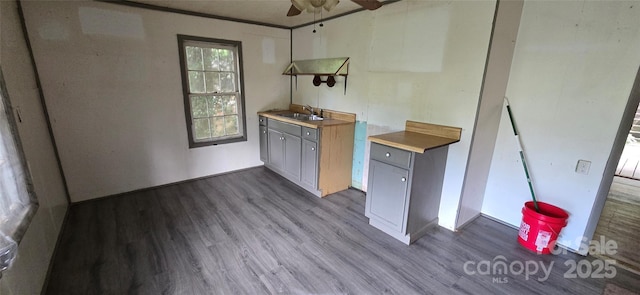 127 Hibriten Mountain Rd, Lenoir, NC 28645 - kitchen with dark wood-style floors, a ceiling fan, and gray cabinets